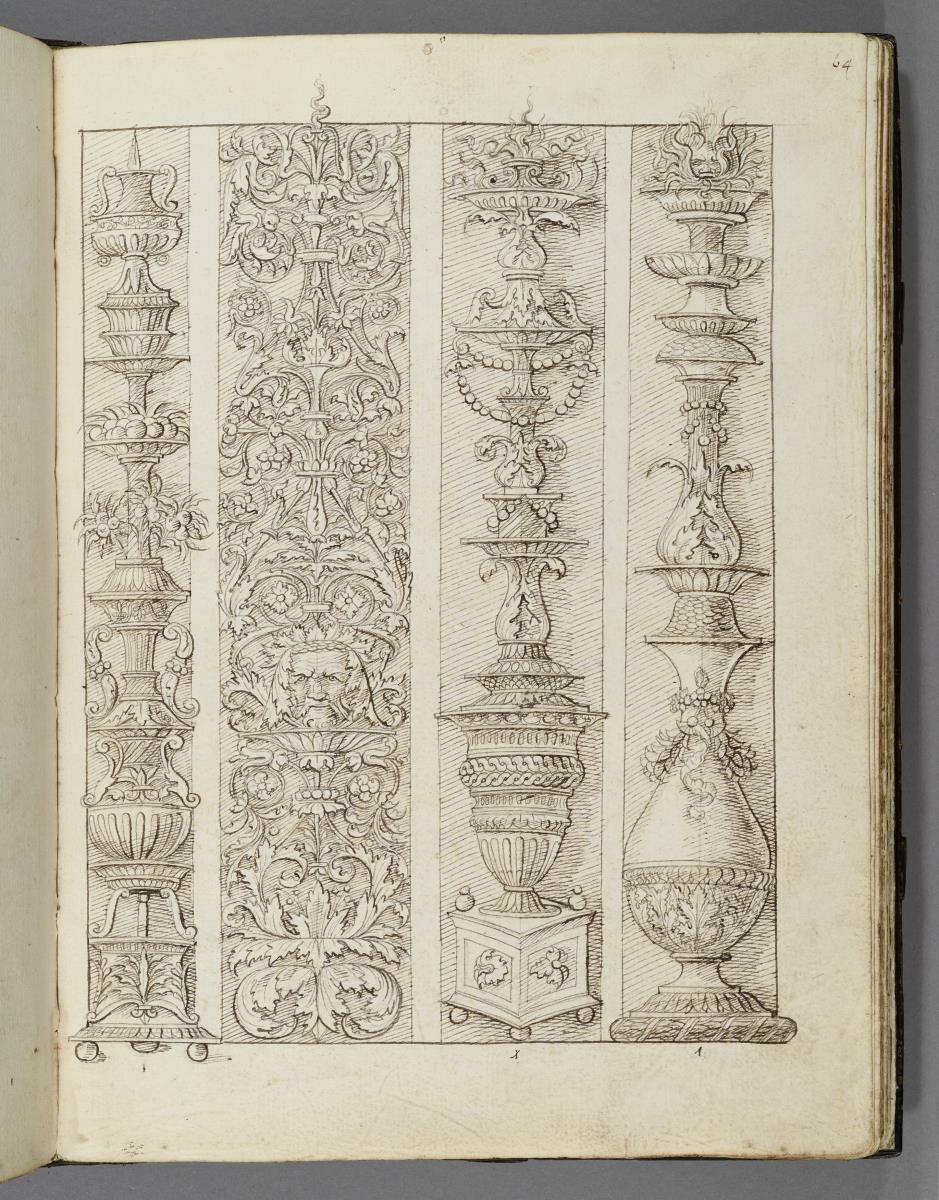 Codex Mantegna, vier Grotesken- und Kandelaberdarstellungen