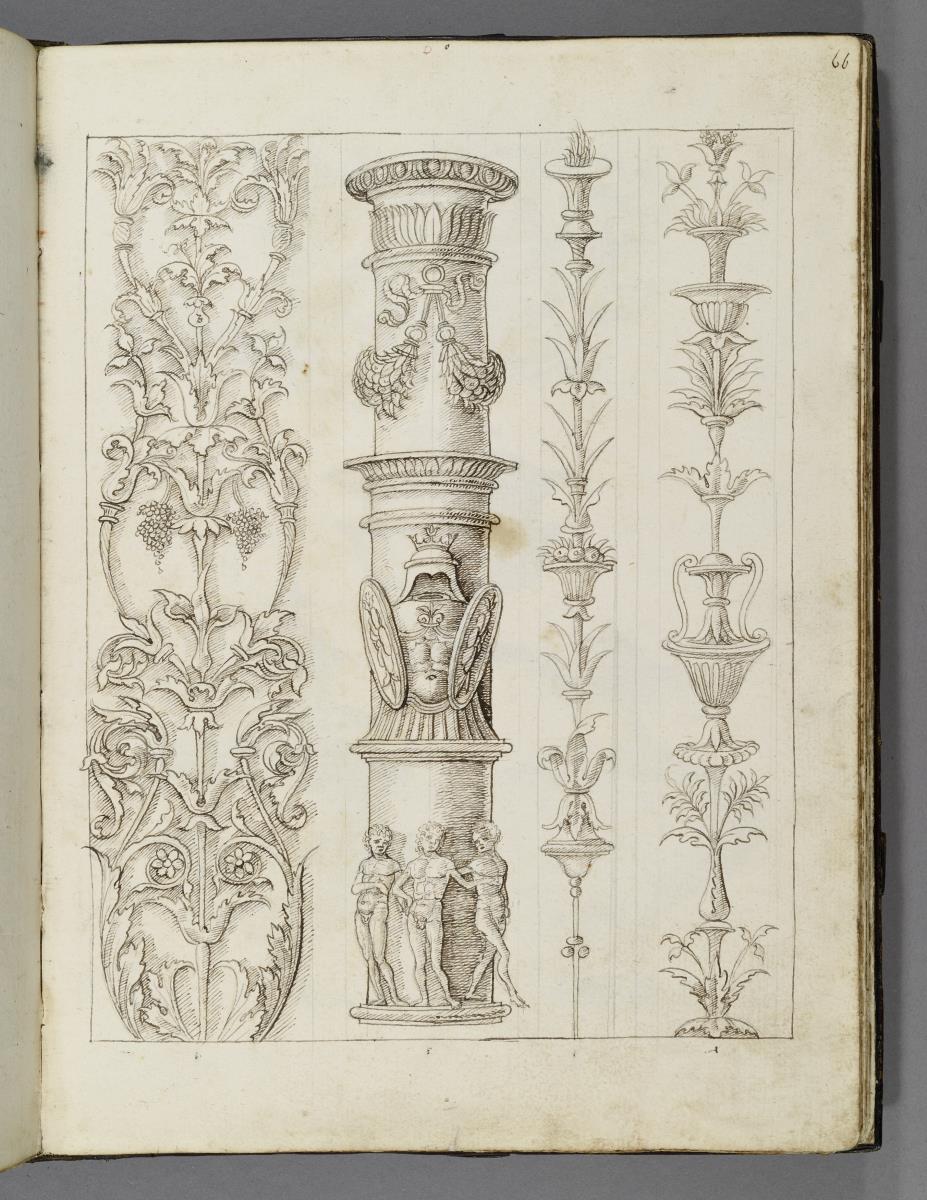 Codex Mantegna, drei Groteskenornamente und ein Rundpfeiler