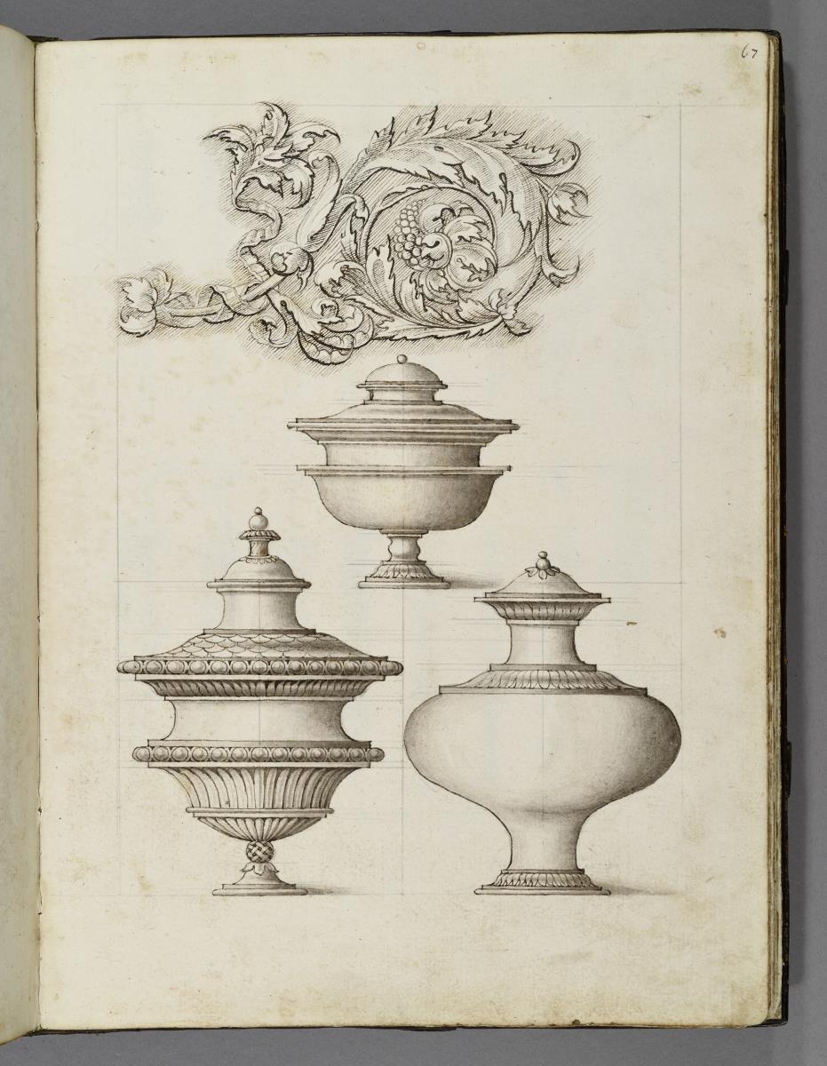 Codex Mantegna, drei gefäße und ein Rankenornament