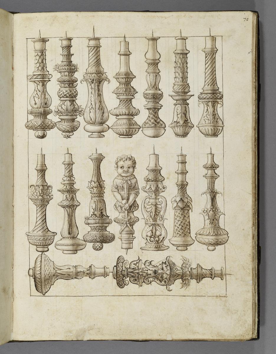 Codex Mantegna, fünfzehn Kerzenhalter mit verzierten Griffen