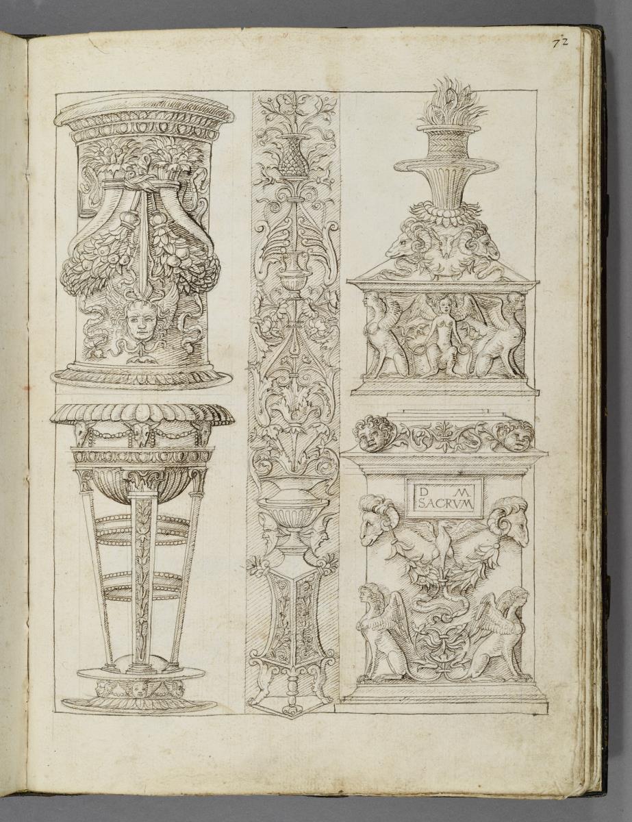 Codex Mantegna, Groteske, Kessel auf Dreifuß, drei Altäre