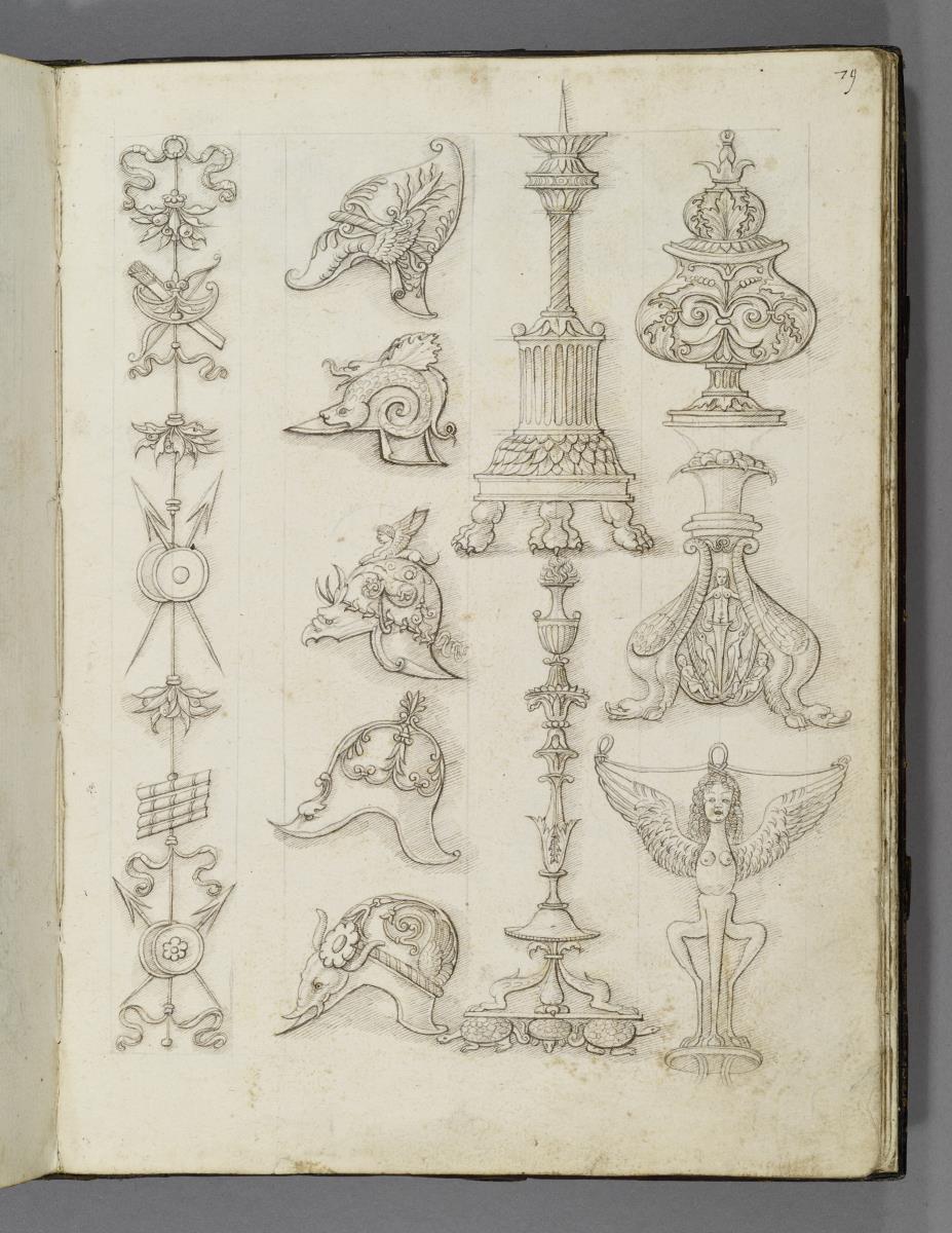 Codex Mantegna, Grotesken, Helme, Kandelaber, Gefäß