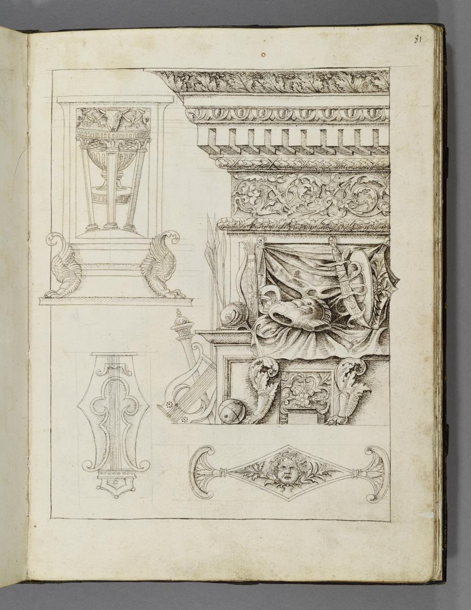 Codex Mantegna, Kessel mit Dreifuß, Leier, Gorgonenhaupt, Trophäen mitr Gebälk
