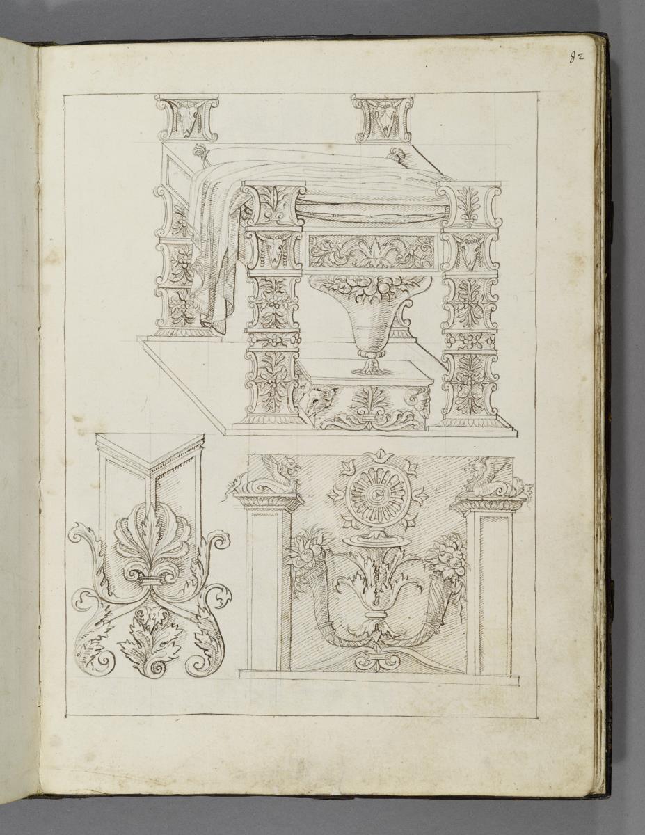 Codex Mantegna, Darstellung eines Throns und von zwei Ornamenten