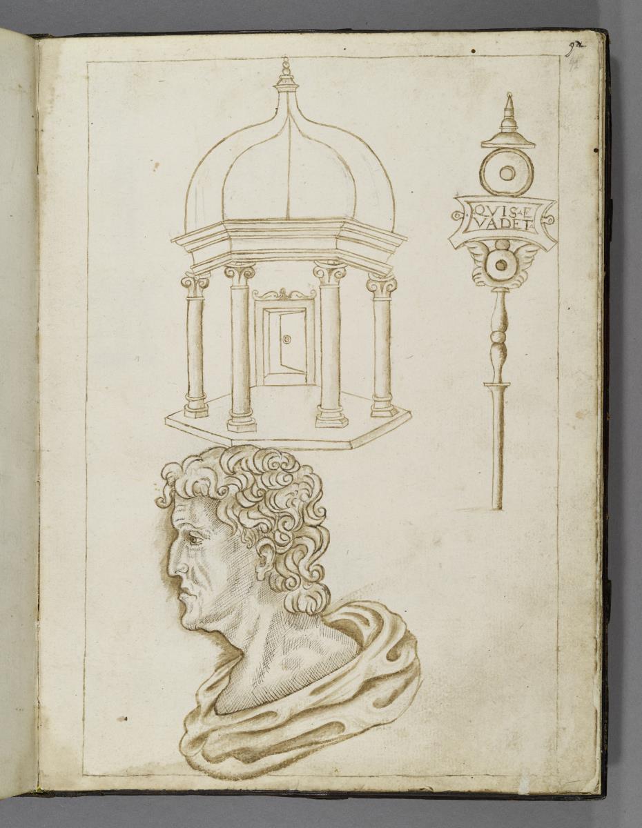 Codex Mantegna, Rundtempel, Standarde, männlicher Kopf im Profil