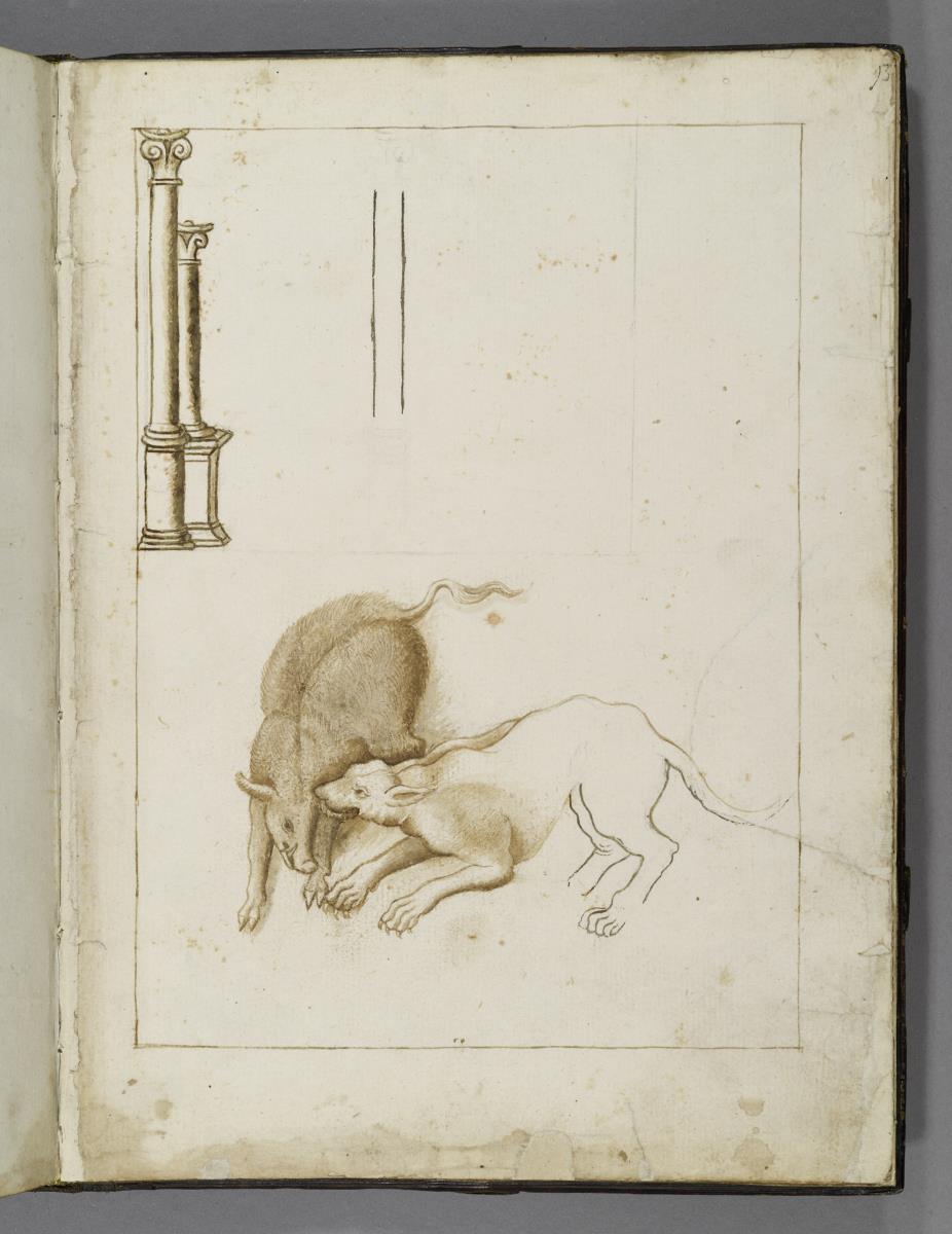Codex Mantegna, architektonische Darstellung, Ausschnitt aus einer Jagdszene