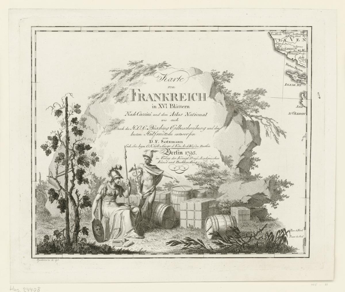 Athena und Merkur zwischen vielen Fässern und Paketen. Titelbatt zu Karte von Frankreich in 16 Blättern