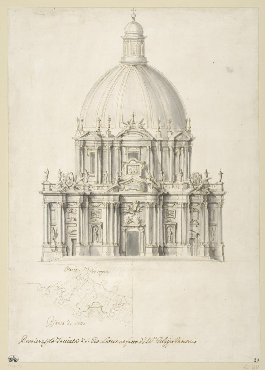 Fassadenentwurf, S. Giovanni, Laterano, Ansicht, halbseitiger  Grundriss
