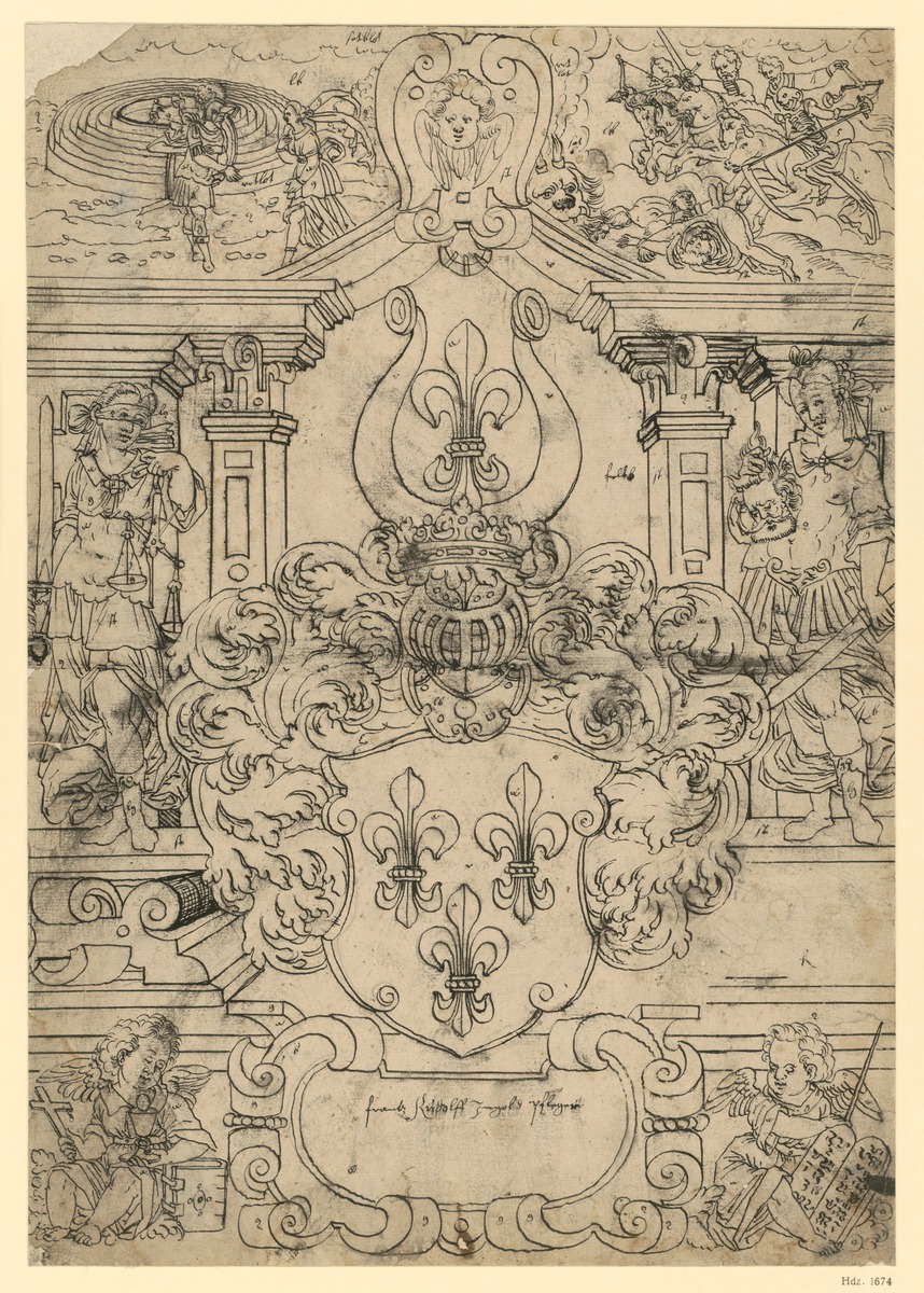 Wappen mit drei Lilien, an der Umrahmung die Figuren der Justitia und der Judith, unten zwei Putten neben Kartuschen-Tafel. In den oberen Ecken Theseus u. Ariadne vor dem Labyrinth und die apokalyptischen Reiter