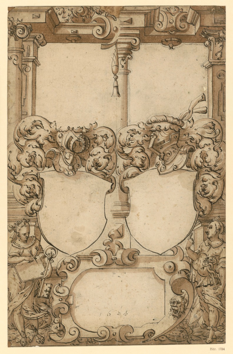 zwei leere Wappen und Kartusche vor architektonischem Rahmen