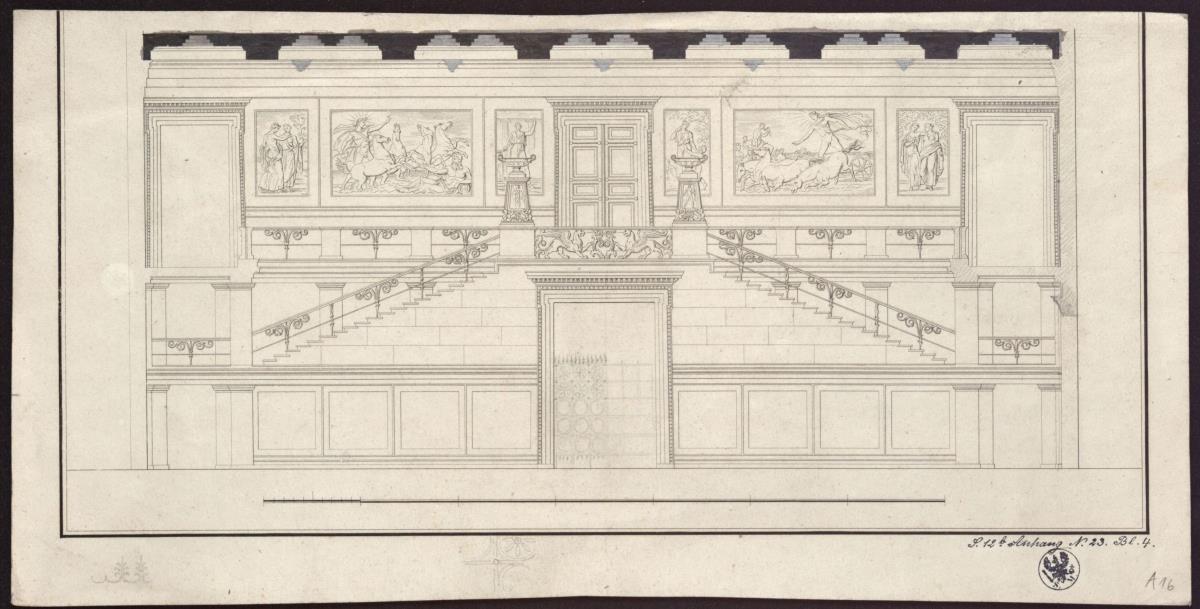 Berlin. Altes Museum am Lustgarten. Aufriss der Freitreppe, Vorzeichnung zum Stich in der "Sammlung Architektonischer Entwürfe", 6. Heft, 1825, Taf. 39