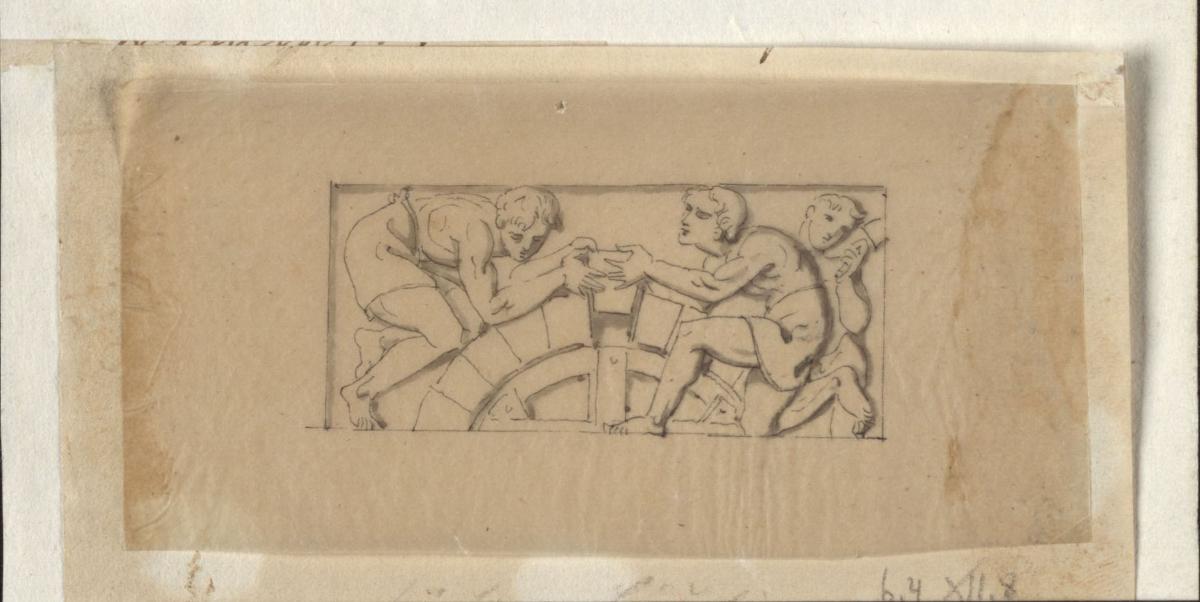 Berlin. Bauakademie. Entwurf zu einem Fensterbrüstungsrelief: Jünglinge legen den Schlussstein eines Bogens