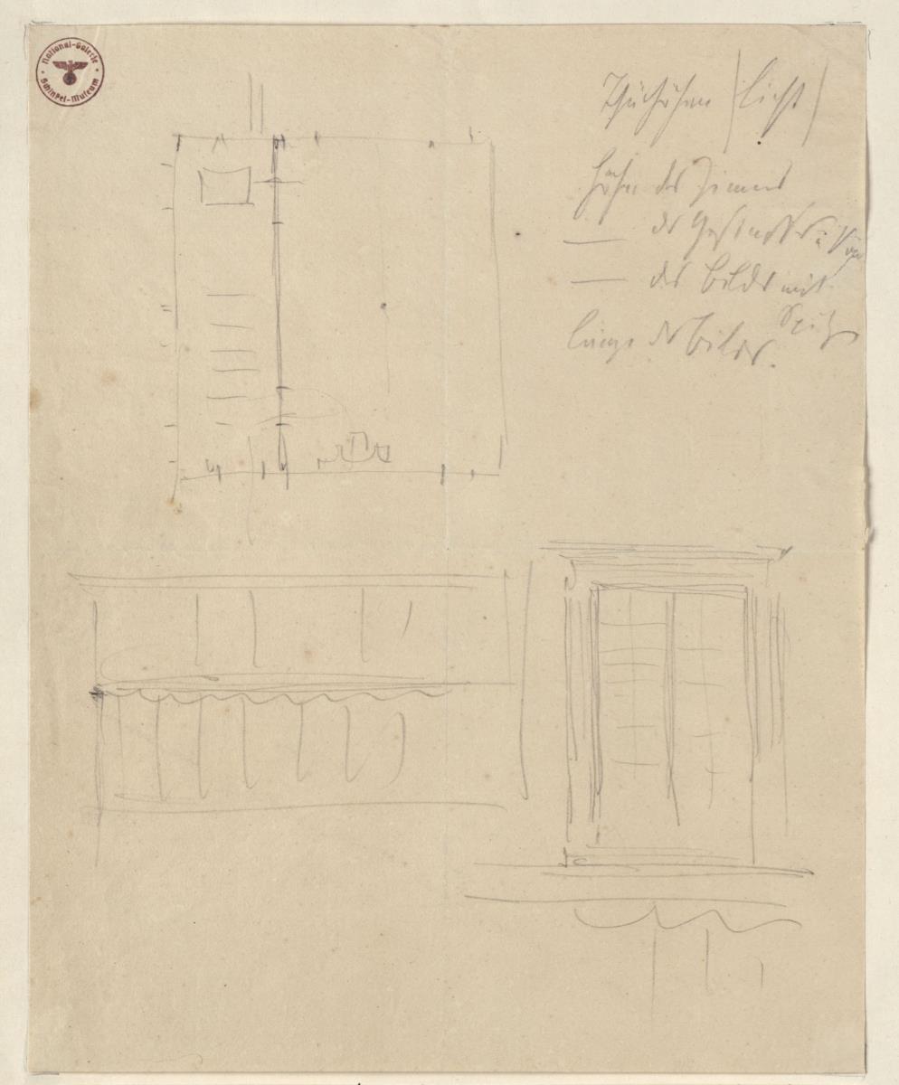 Berlin, Unter den Linden. Königliches Palais. Skizze zum Einbau einer Kapelle im ehemaligen Thronsaal der Königin Luise. Grundriss, Wandfeld und ein zu öffnendes Blindfenster