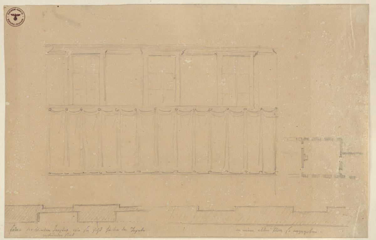 Berlin, Unter den Linden. Königliches Palais. Skizze zum Einbau einer Kapelle im ehemaligen Thronsaal der Königin Luise. Grundriss des Saales, Wandaufriss und Wandschnitte