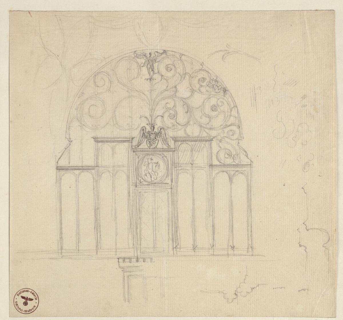 Berlin. Schloss, Wohnung Kronprinz Friedrich Wilhelms IV. von Preußen, Erasmuskapelle. Einrichtung zum Arbeitszimmer des Kronprinzen. Skizze zur Ausfüllung des Bogens zum Chor
