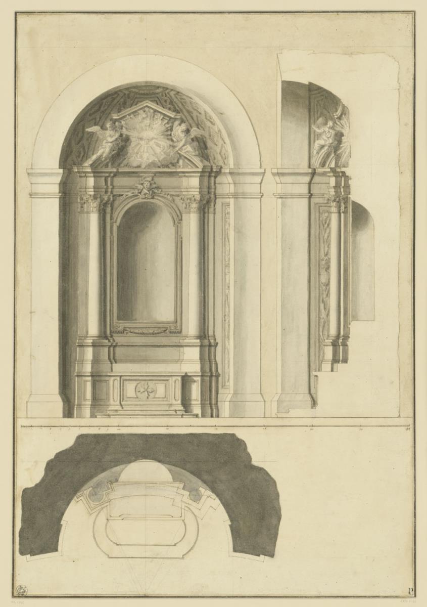 Altar in halbrunder Nische, Aufriss, Querschnitt und Grundriss