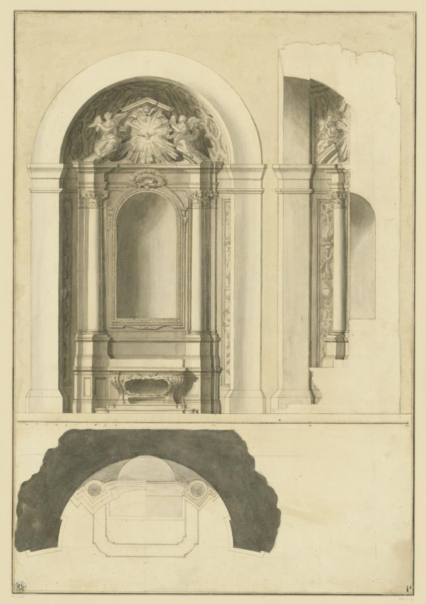 Altar in halbrunder Nische, Aufriss, Querschnitt und Grundriss