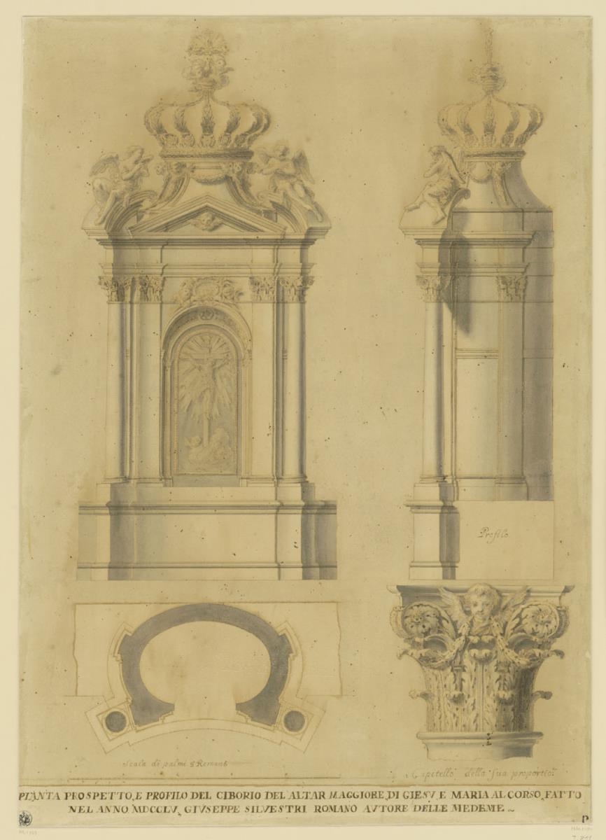 Ciborium vom Hochaltar in Gisú e Maria, Aufriss, Seitenansicht und Grundriss