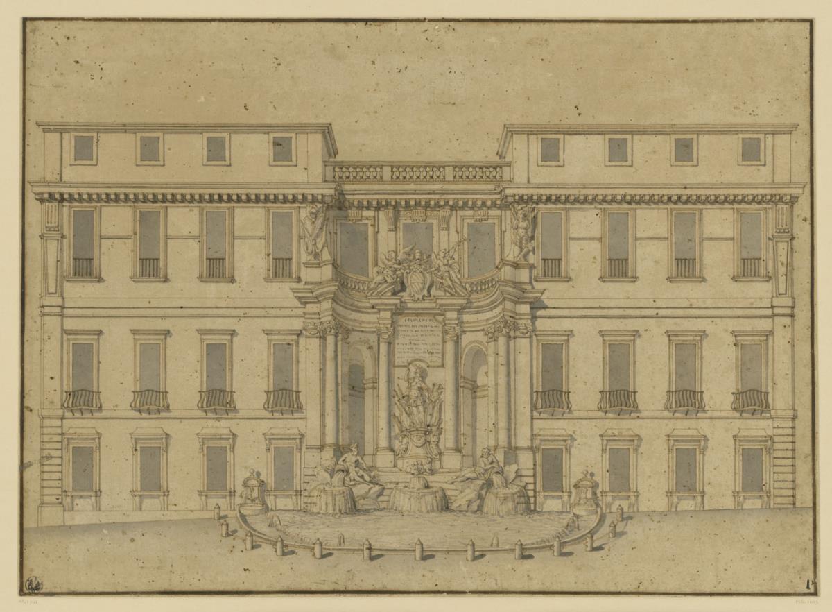 Entwurfsvariante für Fontana di Trevi, Rom, Ansicht mit zweiflügeliger Fassade