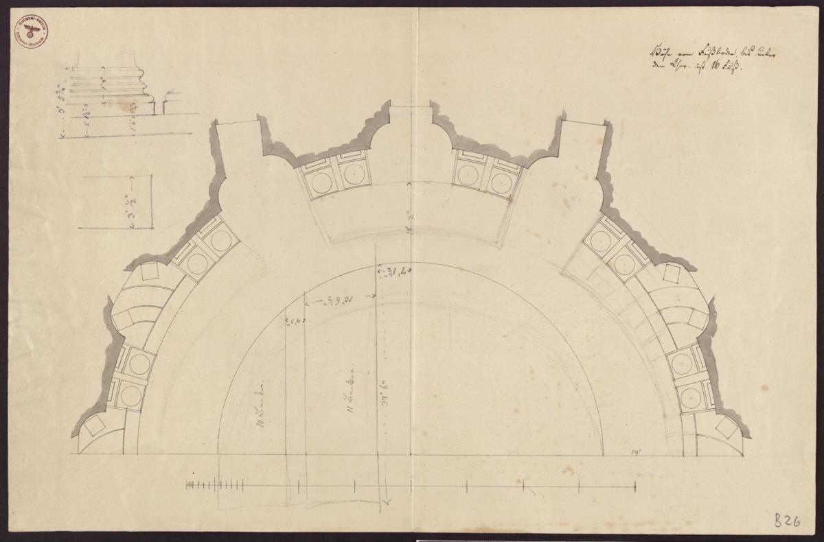 Berlin. Hedwigskathedrale(?). Teilgrundriss / Entwurf zu einem halbrunden oder zum Rund zu ergänzenden Bau mit Nischen zwischen gedoppelten Säulen