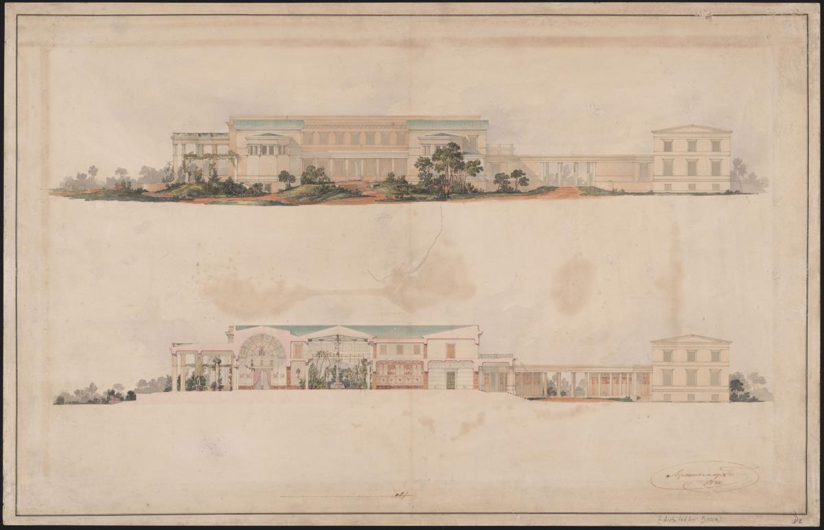 Schloss Orianda auf der Krim. Antikischer Entwurf. Seitenansicht und Schnitt