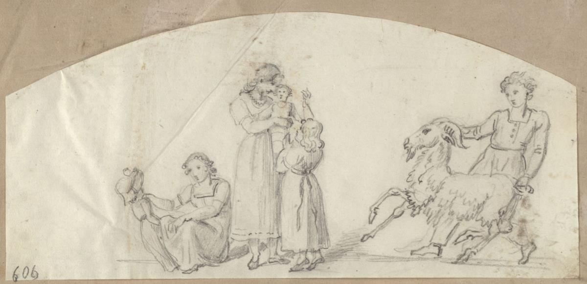 Mädchen mit Puppe / Mutter mit Kindern / Knabe mit Ziege