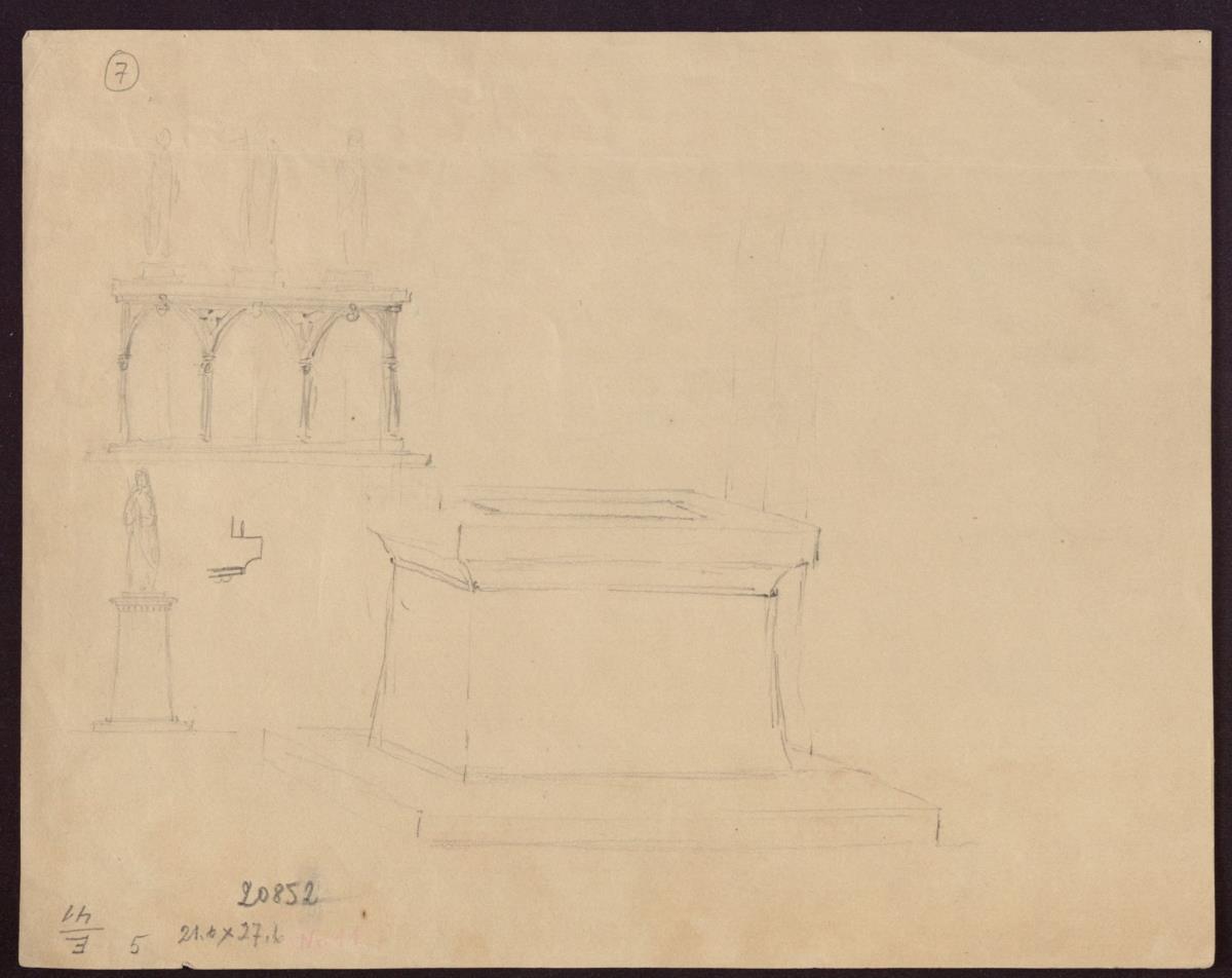 Gotisierende figurenbekrönte Loggia & Weibliche Figur auf einem Pfeiler & Entwurf zu einer Statuenbasis oder Brunnenfassung
