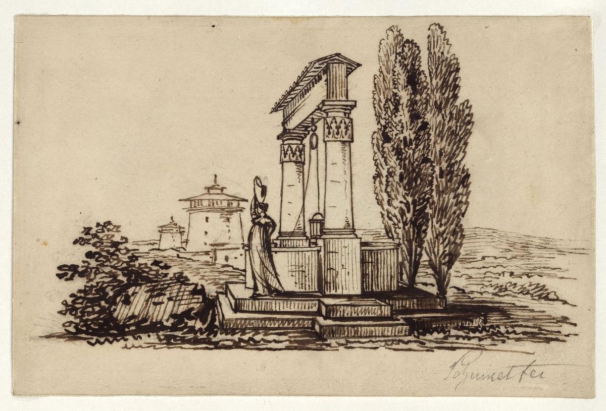 Ziehbrunnen mit weiblicher Staffagefigur, Landschaft mit zwei Rundtürmen im Hintergrund