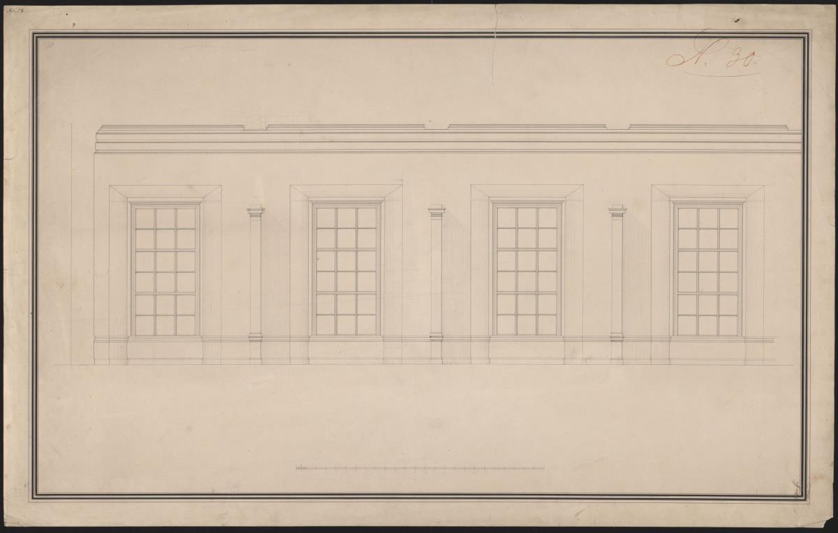 Berlin. Altes Museum am Lustgarten. Teilaufriss einer Fensterwand des zweiten Geschosses mit Einzeichnung der Scherwände