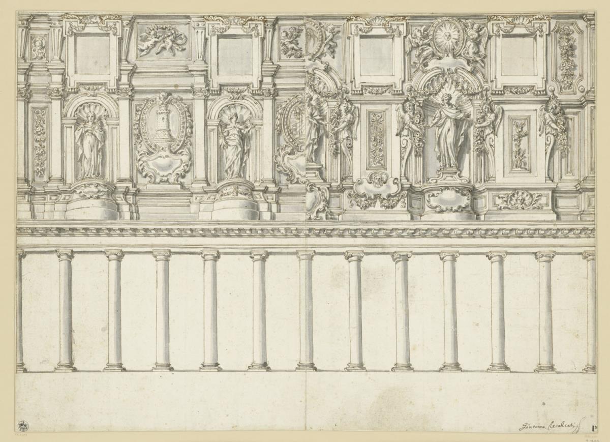 Altanativentwurf, Wandverkleidung mit Heiligenfiguren, S. Maria in Tastevere