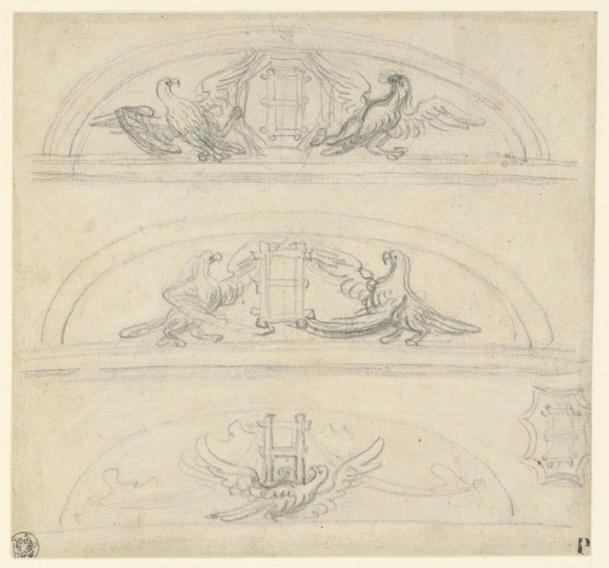 Drei Lünetten mit Wappenemblemen der Falconieri, Palazzo Falconieri, Detailstudie des Falconieri-Wappens