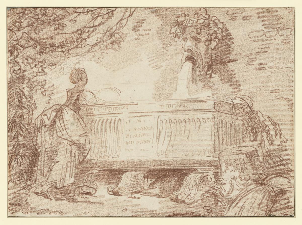 Wäscherin von hinten gesehen, an einem antiken Brunnen
