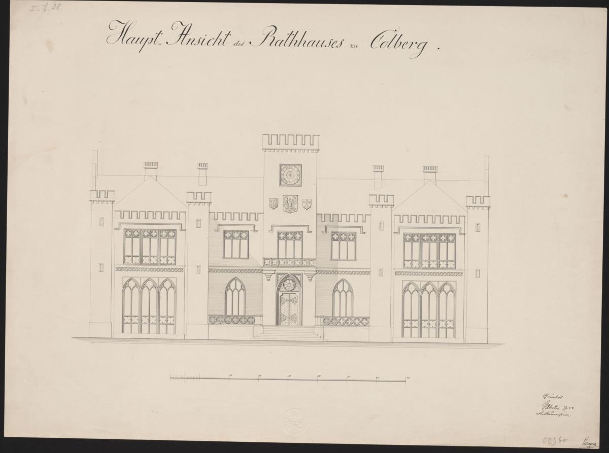 Kolberg (Kołobrzeg). Entwurf zum Rathaus. Aufriss der Hauptfassade.