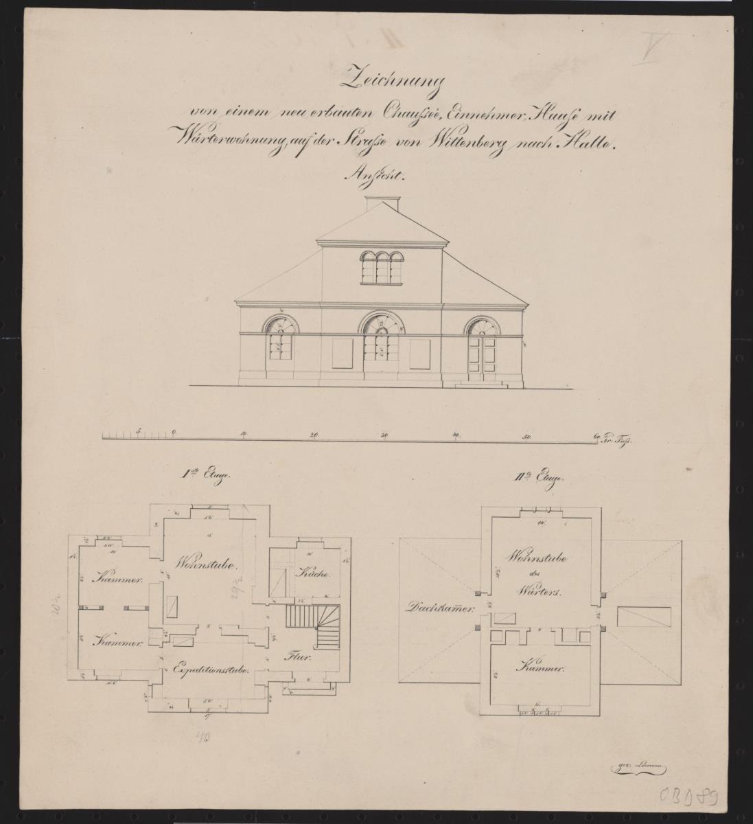 Chausseeeinnehmerhaus an Chaussee Wittenberg nach Halle. Aufriss, Grundriss