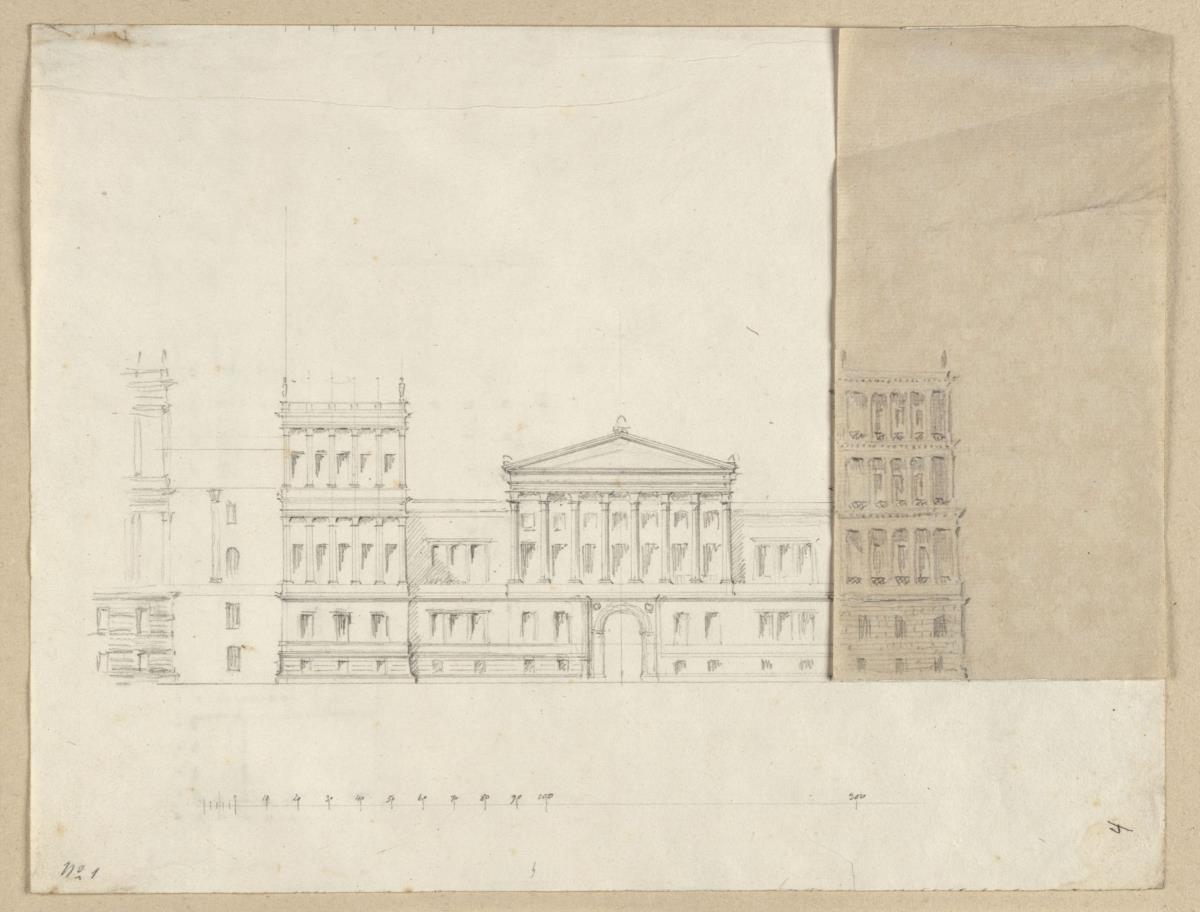 Berlin, Unter den Linden. Palais Prinz Wilhelm. Entwurf mit Ecktürmen. Vorderansicht