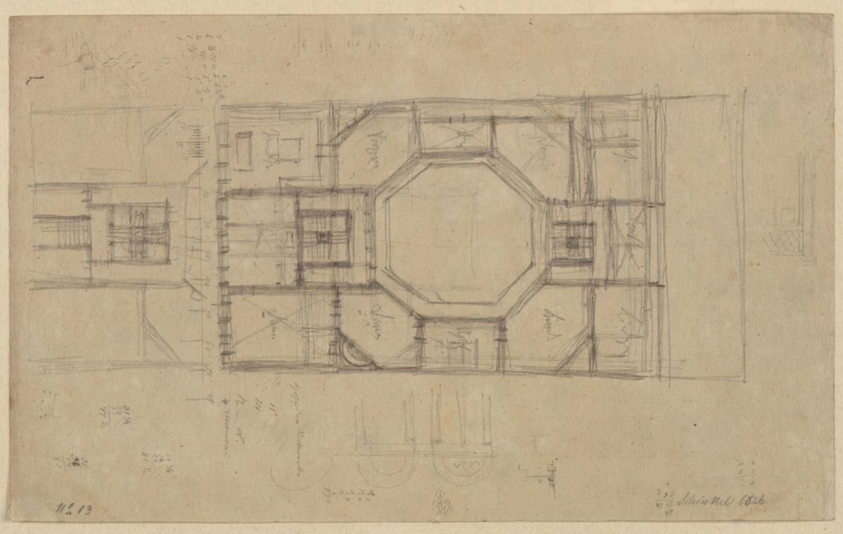 Entwurf zu einem städtischen Wohngebäude, wohl zum Stich in der "Sammlung architektonischer Entwürfe", Heft 9, Tafel 1826