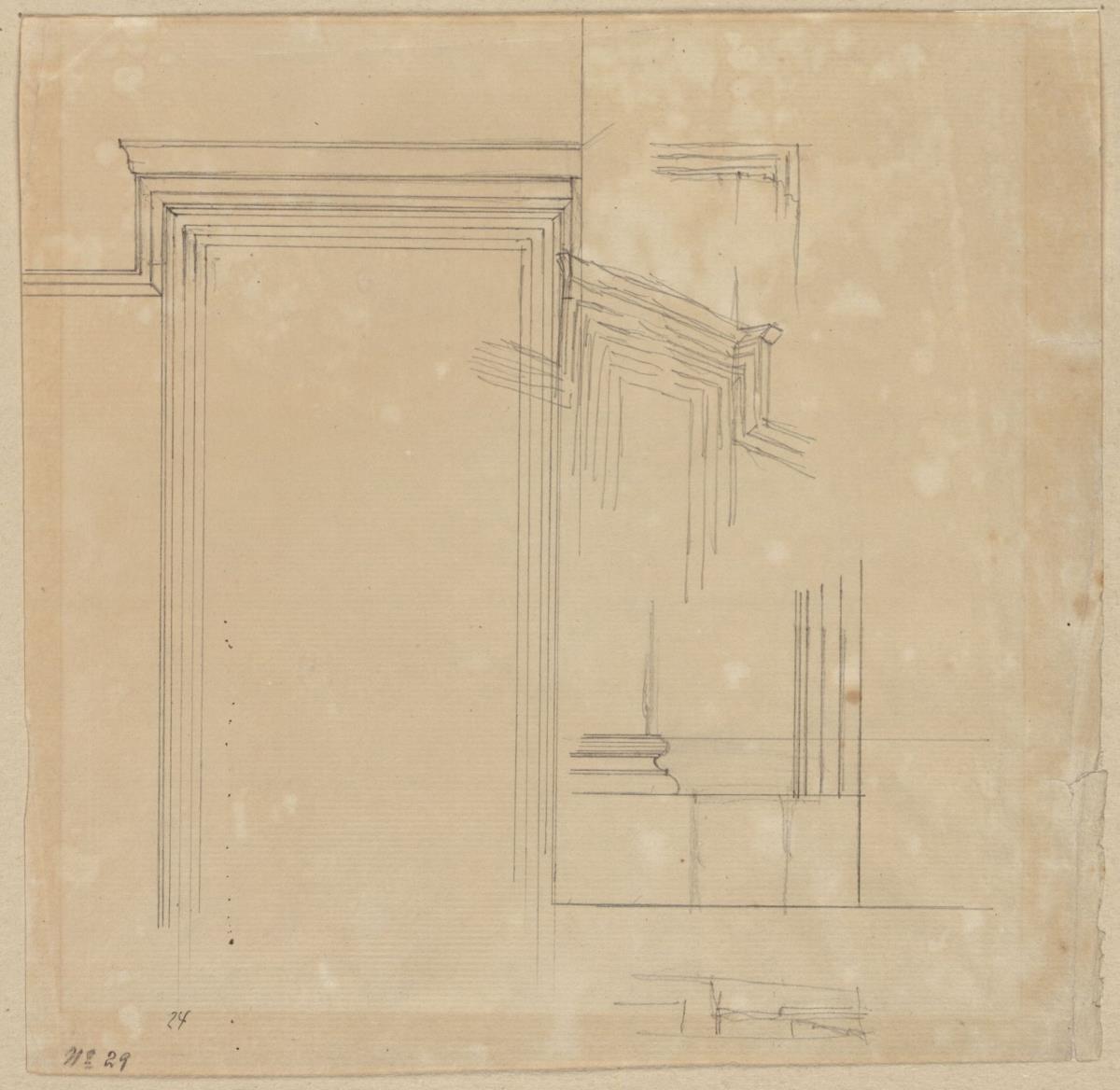 Berlin, Pariser Platz. Palais des Grafen Redern, Entwürfe zu einem Türsturz und einer Draperie, mit Gewände
