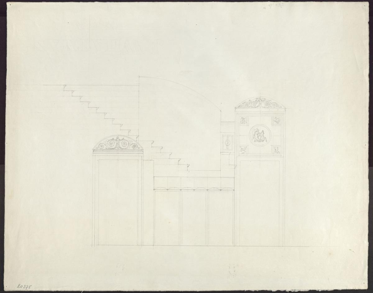Berlin. Schloss Tegel. Treppenhaus mit zwei Türen, Wandaufriss