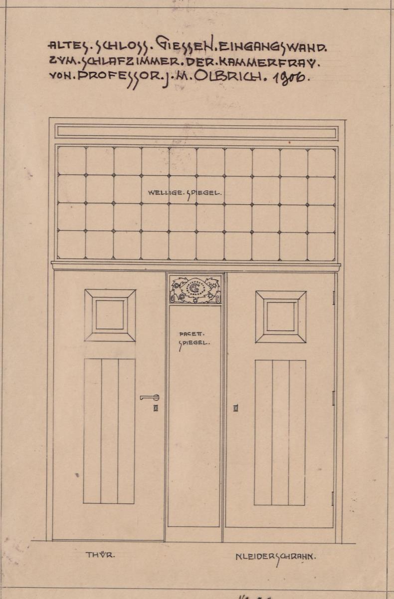 Giessen, Grossherzogliche Wohnung im Alten Schloss    Schlafzimmer der Kammerfrau, Aufriss der Eingangswand von aussen