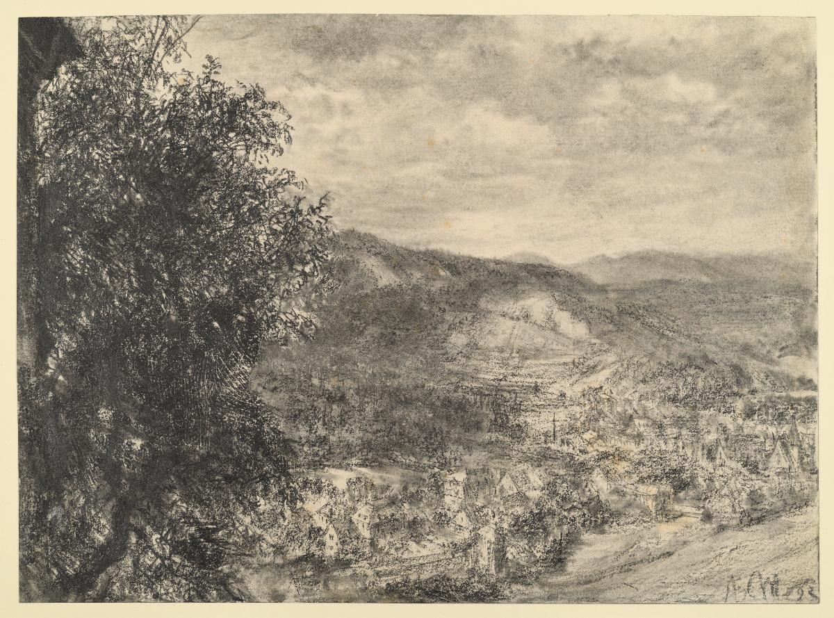 Blick von der Anhöhe auf ein Städtchen im Tal