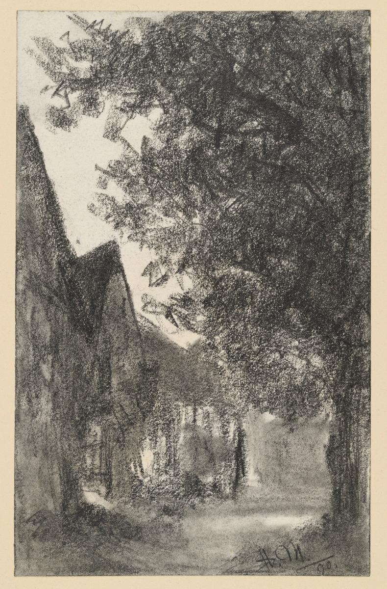 Giebelhäuser und Bäume am Weg