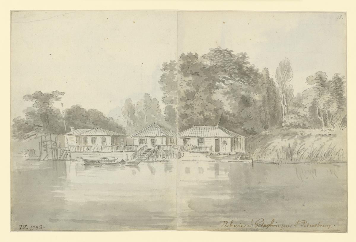 Flußlandschaft: Fischerhäuser in der Nähe von Sankt Petersburg