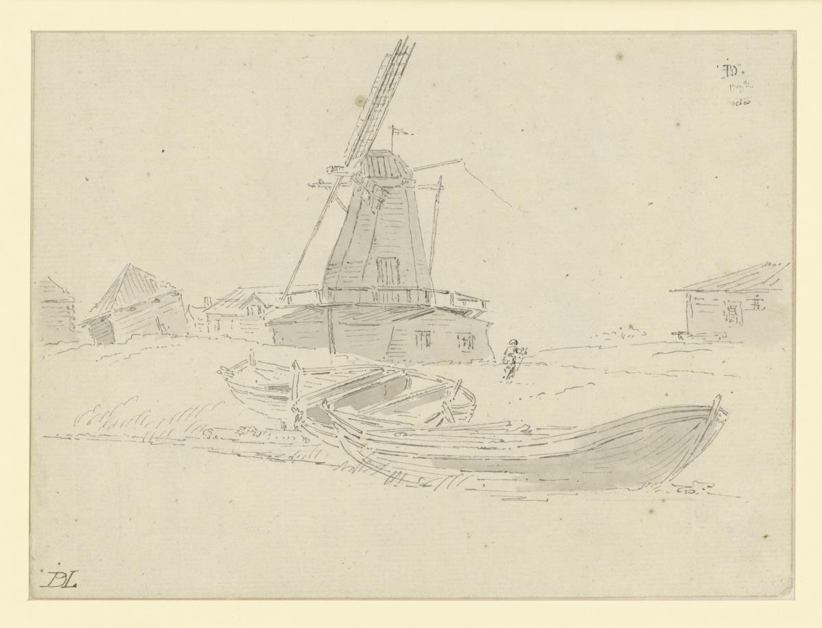 Flussufer mit Windmühle, Hütten und mit Booten, wohl in der Umgebung von St. Petersburg