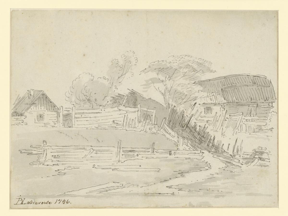 Landschaft mit Holzhütten und Zäunen, russisches Dorf