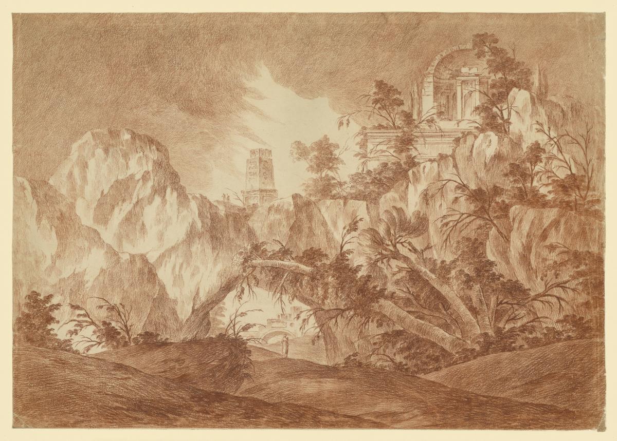 Capriccio. Wilde Landschaft mit Felsen und Bäumen, oben rechts Nymphäum, mittig Quader mit Schriftzeichen