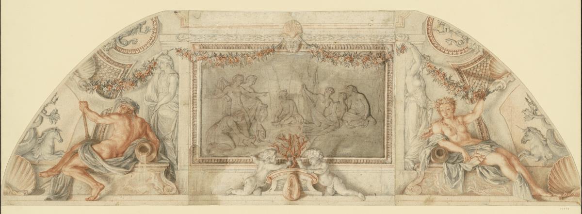 Diana inmitten ihrer Nymphen, wie sie die Schwangerschaft der Callisto entdeckt (Zeichnung nach Eustache Le Sueurs Plafond im Cabinet des bains im Hôtel Lambert)