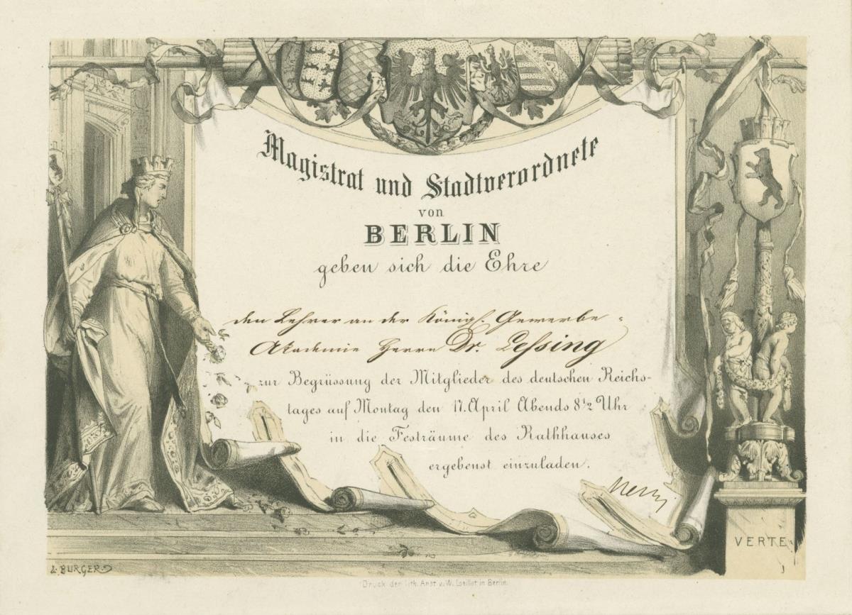 Einladung des Magistrat und der Stadtverdneten von Berlin zur Begrüßung der Reichstagsabgeordneten