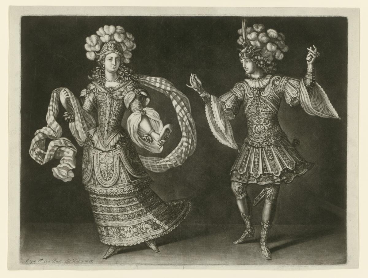 Tanzendes Paar, nach den Vorlagen "Dame en habit de ballet" und "Homme en habit de ballet" von Jean Le Pautre (1618-1682) aus dem Jahr 1670