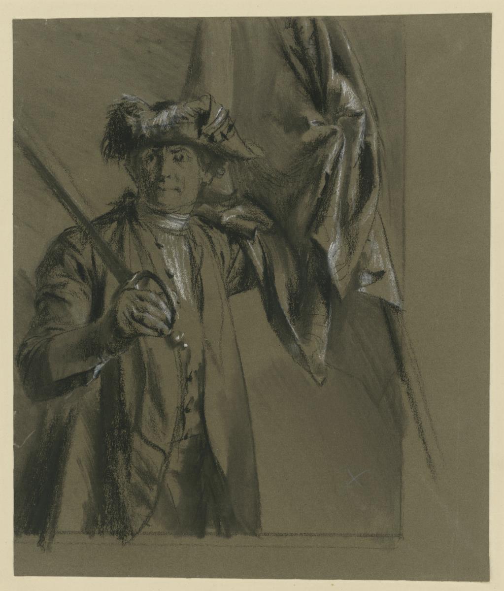 Kurt Christoph Graf von Schwerin, preußischer General Feldmarschall mit Fahne und Degen, Modellstudie zu "Aus König Friedrichs Zeiten. Kriegs und Friedenshelden", 1856 (zu Bock 1070)
