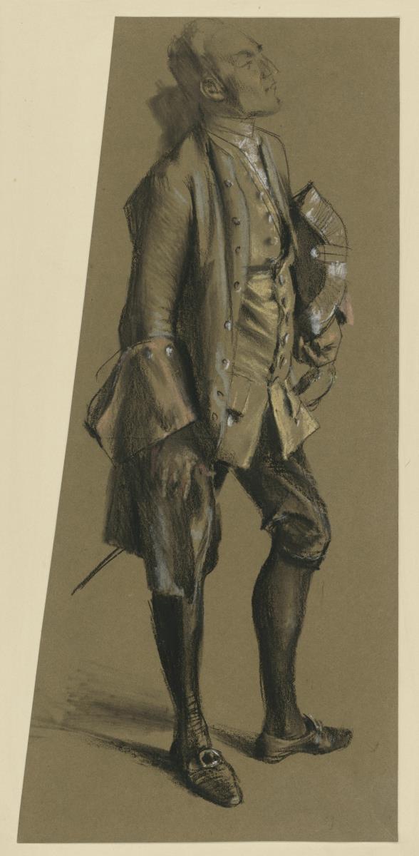Modellstudie zu Jakob Friedrich Freiherr von Bielfeldt, Staatsmann unter Friedrich II., Ganzfigur stehend nach rechts. Vorstudie zum Gemälde "Flötenkonzert Friedrichs des Großen in Sanssouci"